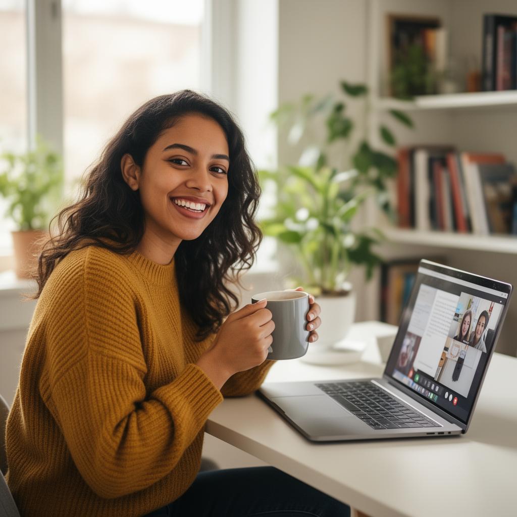 Estudiante latina aprendiendo inglés online en videollamada
