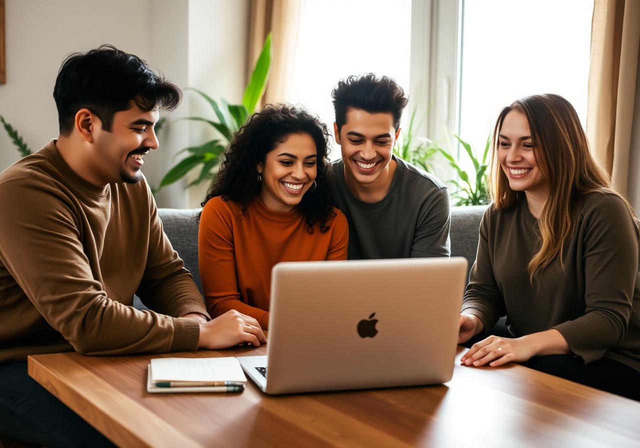 Grupo de latinos practicando inglés juntos en casa